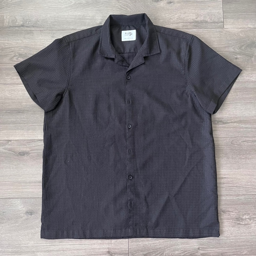 William Rast Mens Black Textured Short Sleeve Camp Collar Button Down Shirt M
